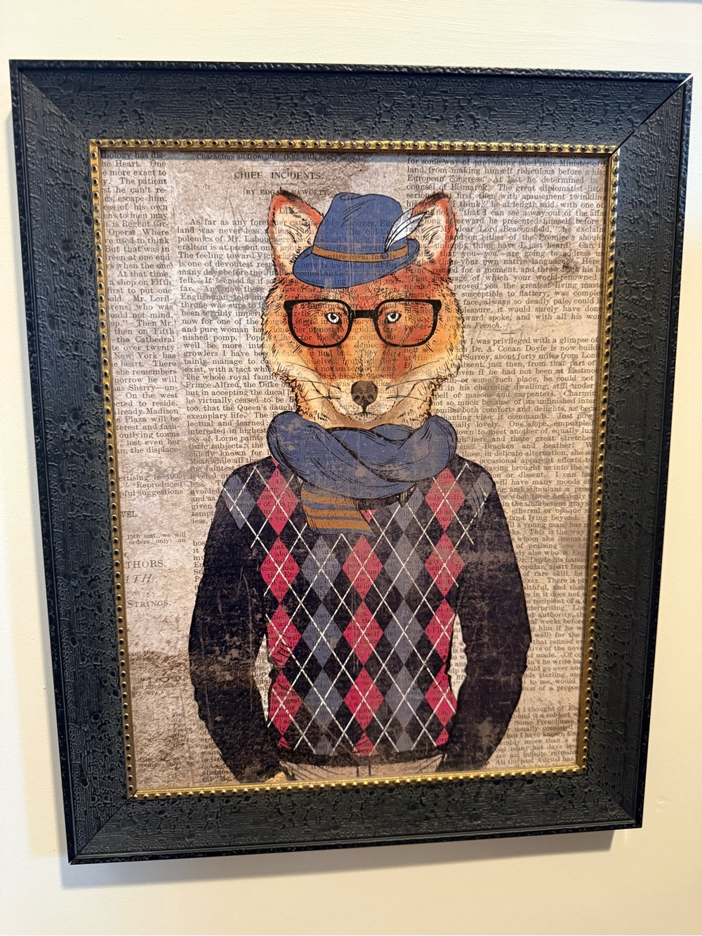 Fox Portrait Art Print in Blue and Red Argyle Sweater